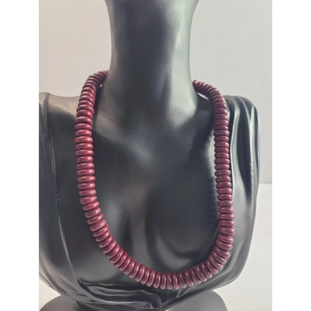 Burgundy Red Disc Bead Necklace Flat Round Beaded Statement Boho Jewelry